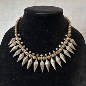 Vintage Brutalist Tribal Necklace in Brass and Silver Tones